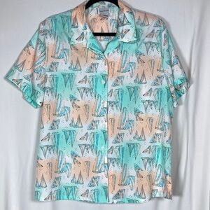 Bon Worth Sailboat Print Shirt - Turquoise and Peach Coastal Grandma MP